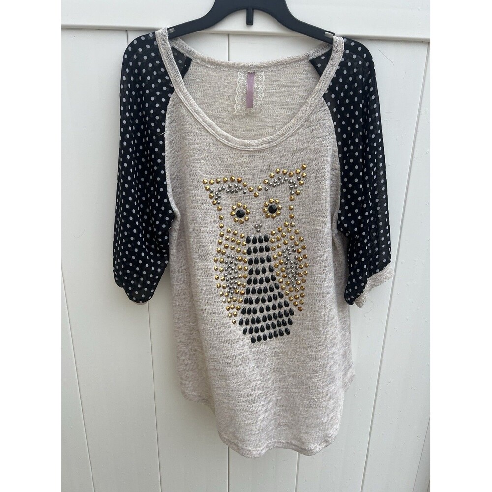 Mauve Womens Top Open Knit Embellished Owl Sz Large 3/4 Sleeve Stretchy
